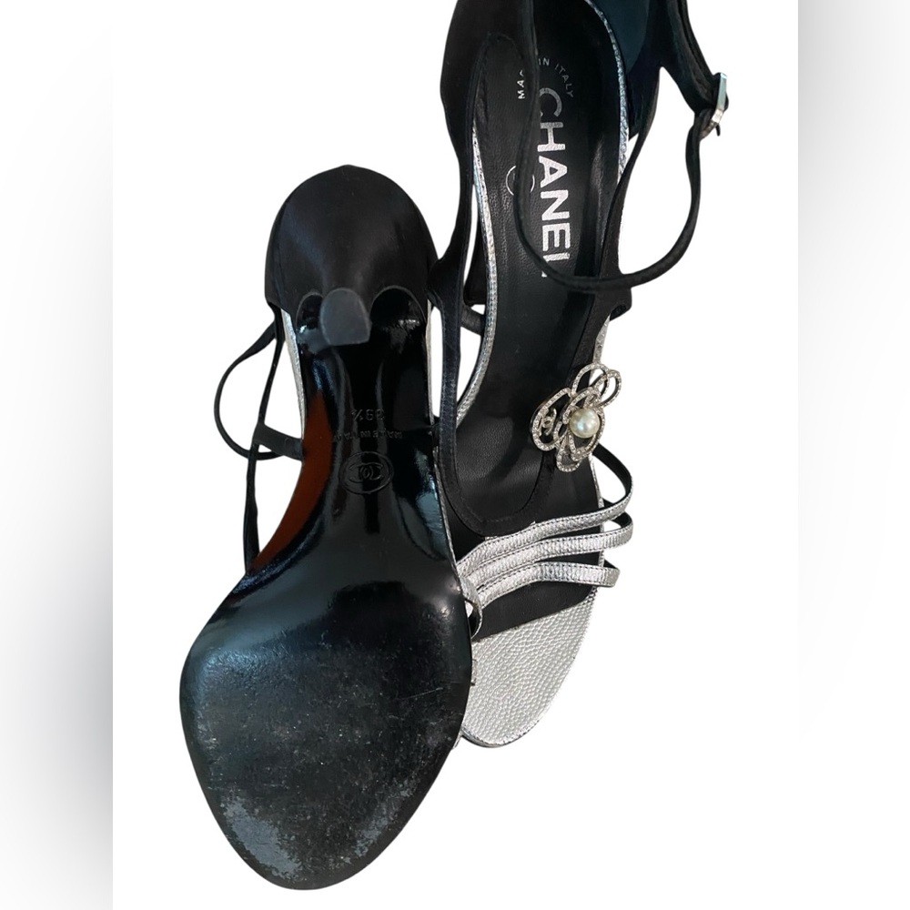 CHANEL Black and Silver Strappy Heels - Picture 4 of 11